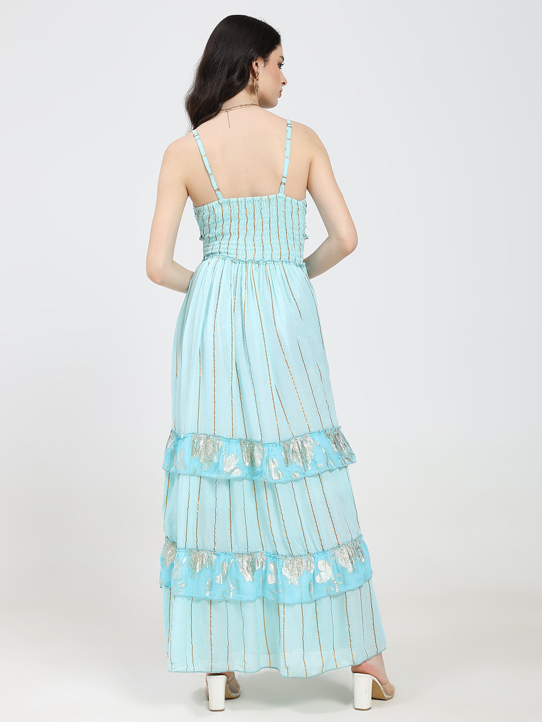 V Neck Embroidery Hand Work Boho Printed Maxi Dress- Bluebell Dusk