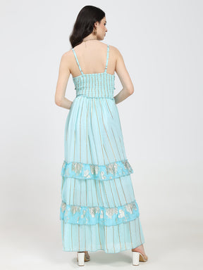 V Neck Embroidery Hand Work Boho Printed Maxi Dress- Bluebell Dusk