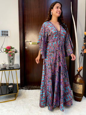 Bell Sleeves Criss Cross Front Boho Printed Maxi Dress -Violet Twilight Whimsy