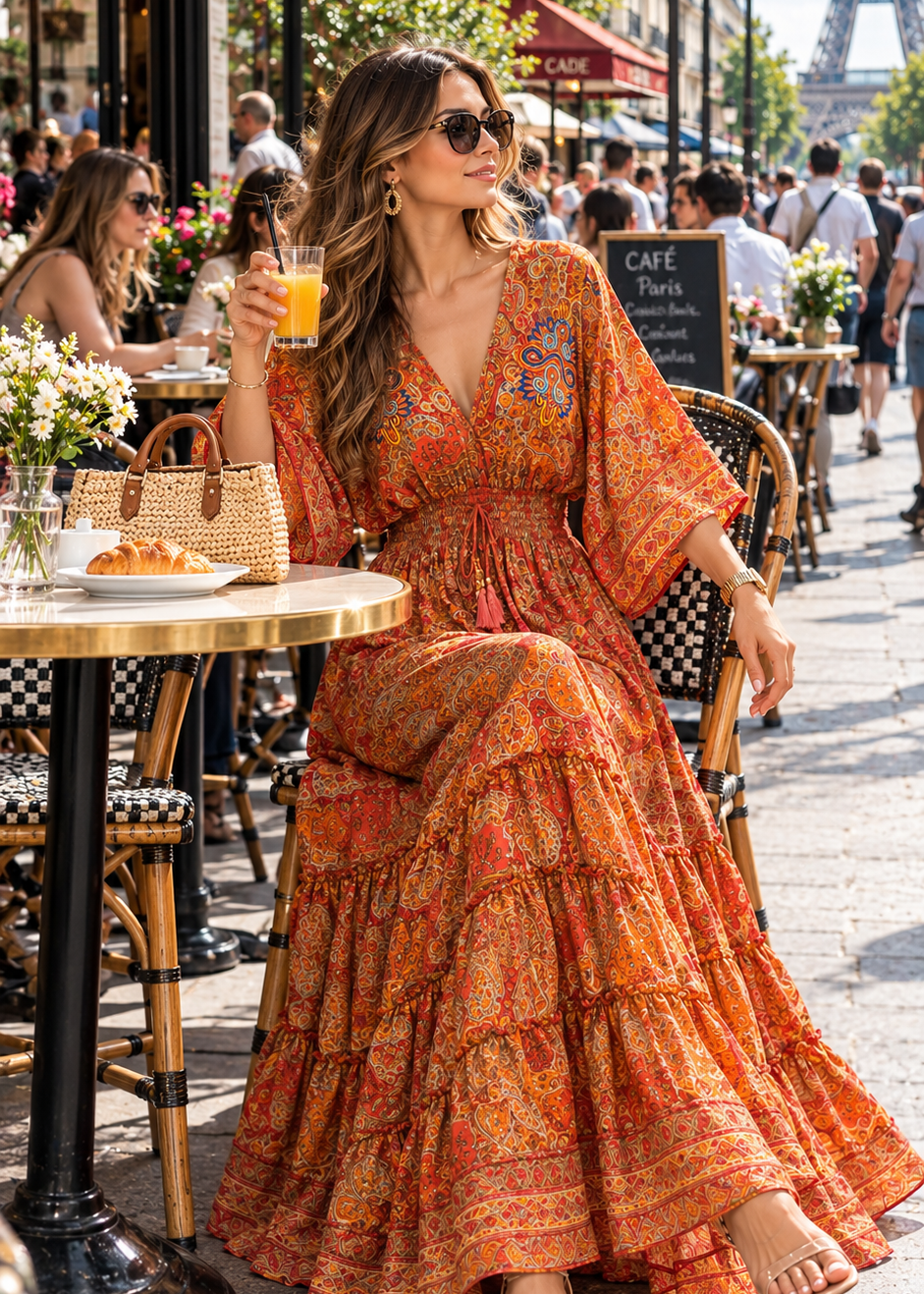 🍊Hand Work Embroidered Kaftan Boho Printed  Maxi Dress in Tangerine Orangé