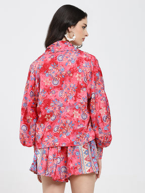 Puff Sleeves Kimono and Shorts Coordinate Set (3 Piece)- Pink Potion