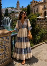 Embroidery Hand Work Bell Sleeves Boho Printed Maxi Dress - Midnight Lace