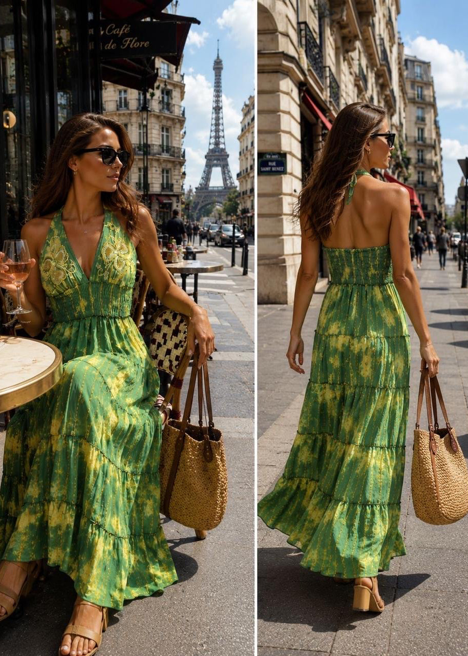 🌴Trending-  Tie-Dye Halter Neck Multi Panel Embroidery Hand Work Boho printed Maxi Dress in     Emerald Élan 🌴