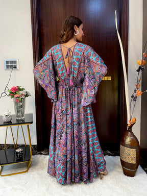 Bell Sleeves Criss Cross Front Boho Printed Maxi Dress -Violet Twilight Whimsy