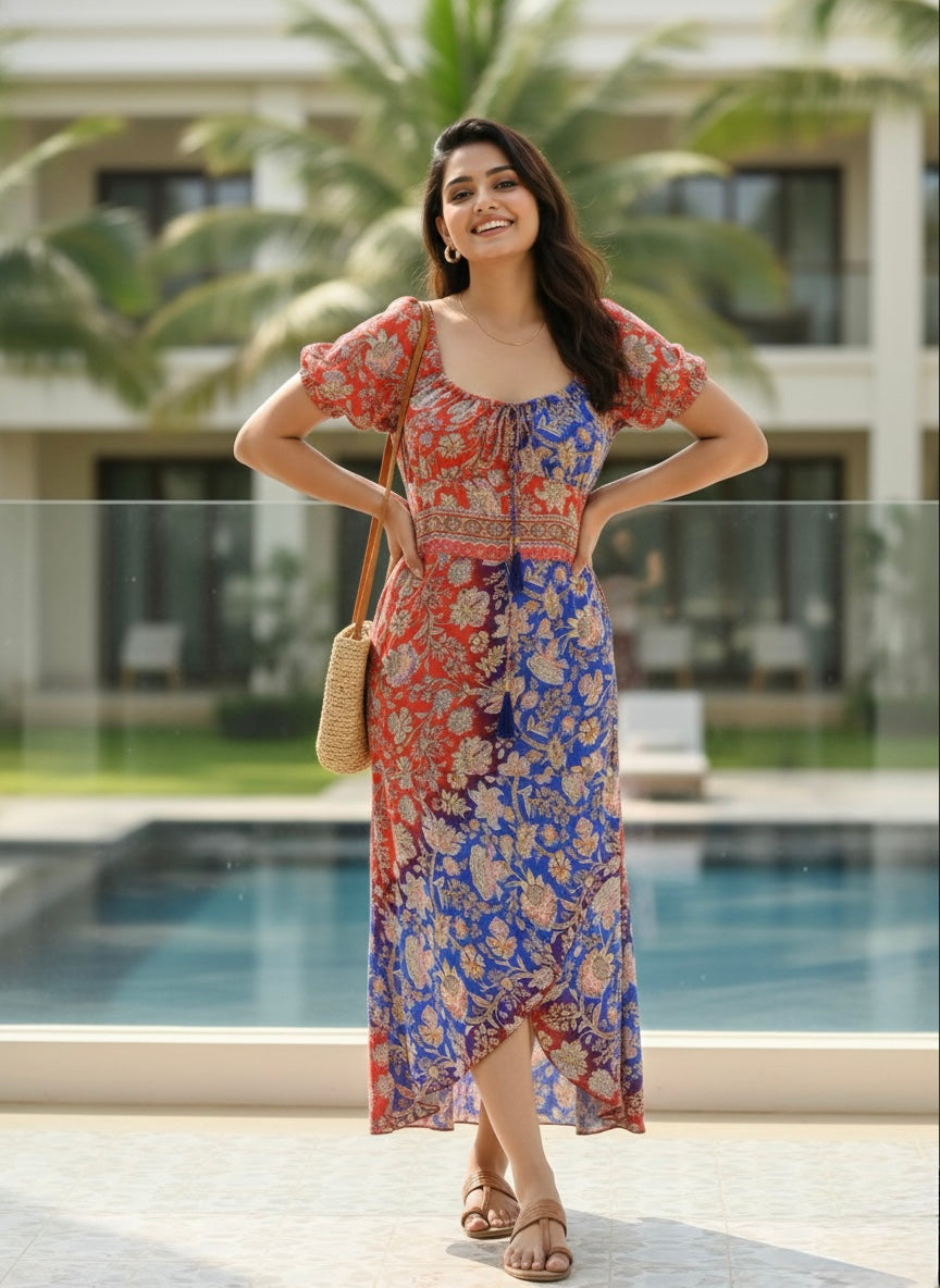 ⬆️Rising -Two- Shade Asymmetric Boho Printed Midi Dress