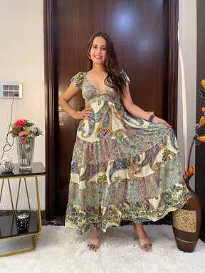 Foil Print Two Color Boho Maxi Dress