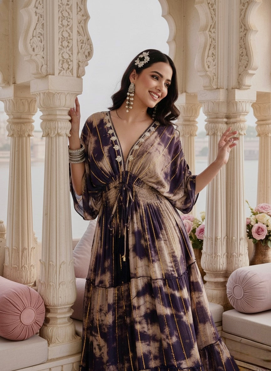 Balloon Pattern Embroidery Boho Printed Hand Work Maxi Dress - Golden Twilight