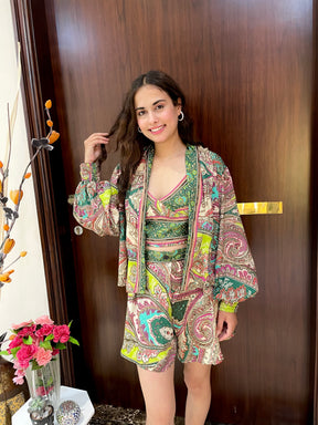 Puff Sleeves Kimono and Shorts Coordinate Set (3 Piece)- Green