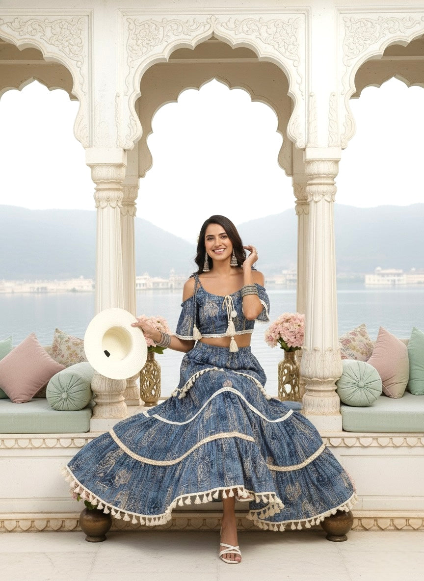 Printed Boho Two Peice Co-ord Set in Teal Blue