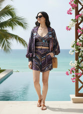 Puff Sleeves Kimono and Shorts Coordinate Set (3 Piece)- Twilight Totem