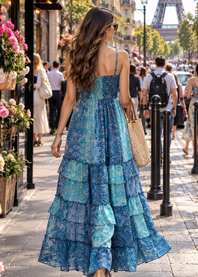 V Neck Boho Printed Embroidery Hand Work Breeze Maxi Dress- 👗Bleu Bohème