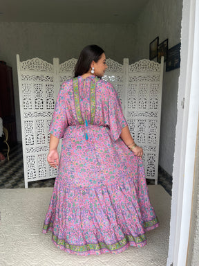 SmisingBee Curve Kaftan Pattern Boho Printed Maxi Dress - Pink Petal