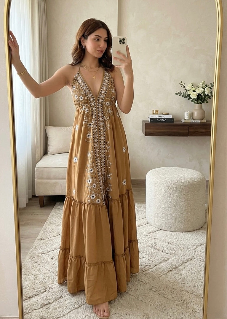Embroidery Work- Tie Back Backless Maxi Dress - Caramel Muse