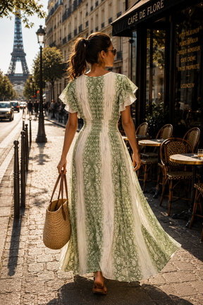 Embroidery Featured Rayon Lurex Boho Printed Maxi Dress in Green Sage Riviera