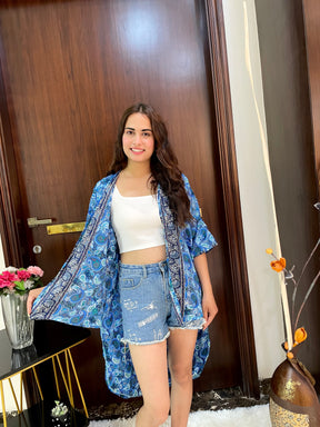 Asymmetric Boho Printed Kimono - Ocean Hues