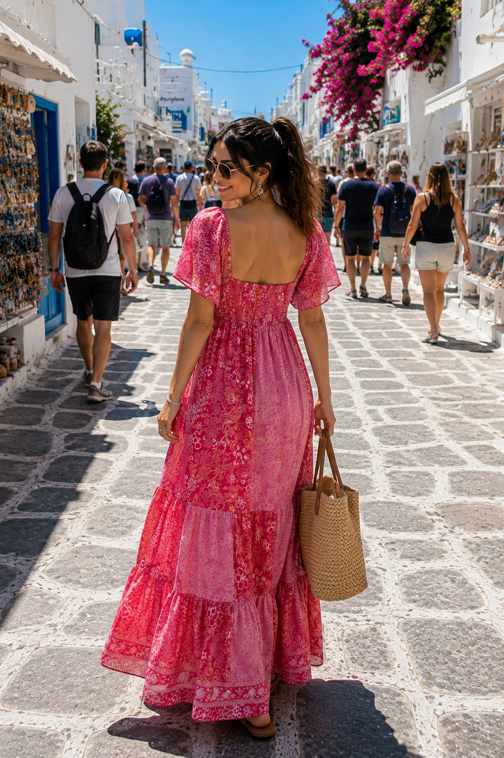Elasticated Bust Boho Printed Maxi Dress -Pink Lagoon Luxe