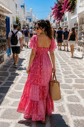 Elasticated Bust Boho Printed Maxi Dress -Pink Lagoon Luxe