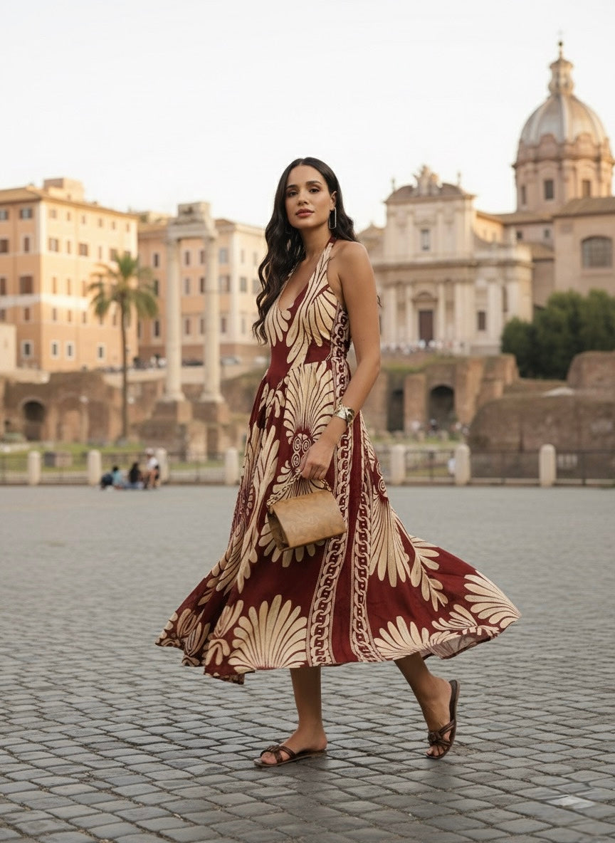 Printed Cotton Maxi Dress in Maroon Mirage