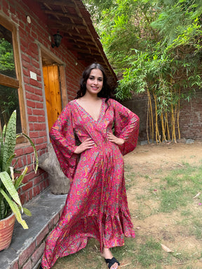 Embroidery Neckline Boho Printed Maxi Dress