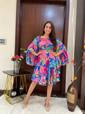 Elasticated Bust Bell Sleeves Boho Printed Short Dress - Blue