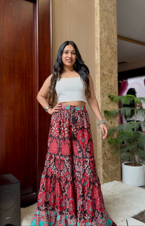 Ruffle Panel Boho Printed Palazzo - Red