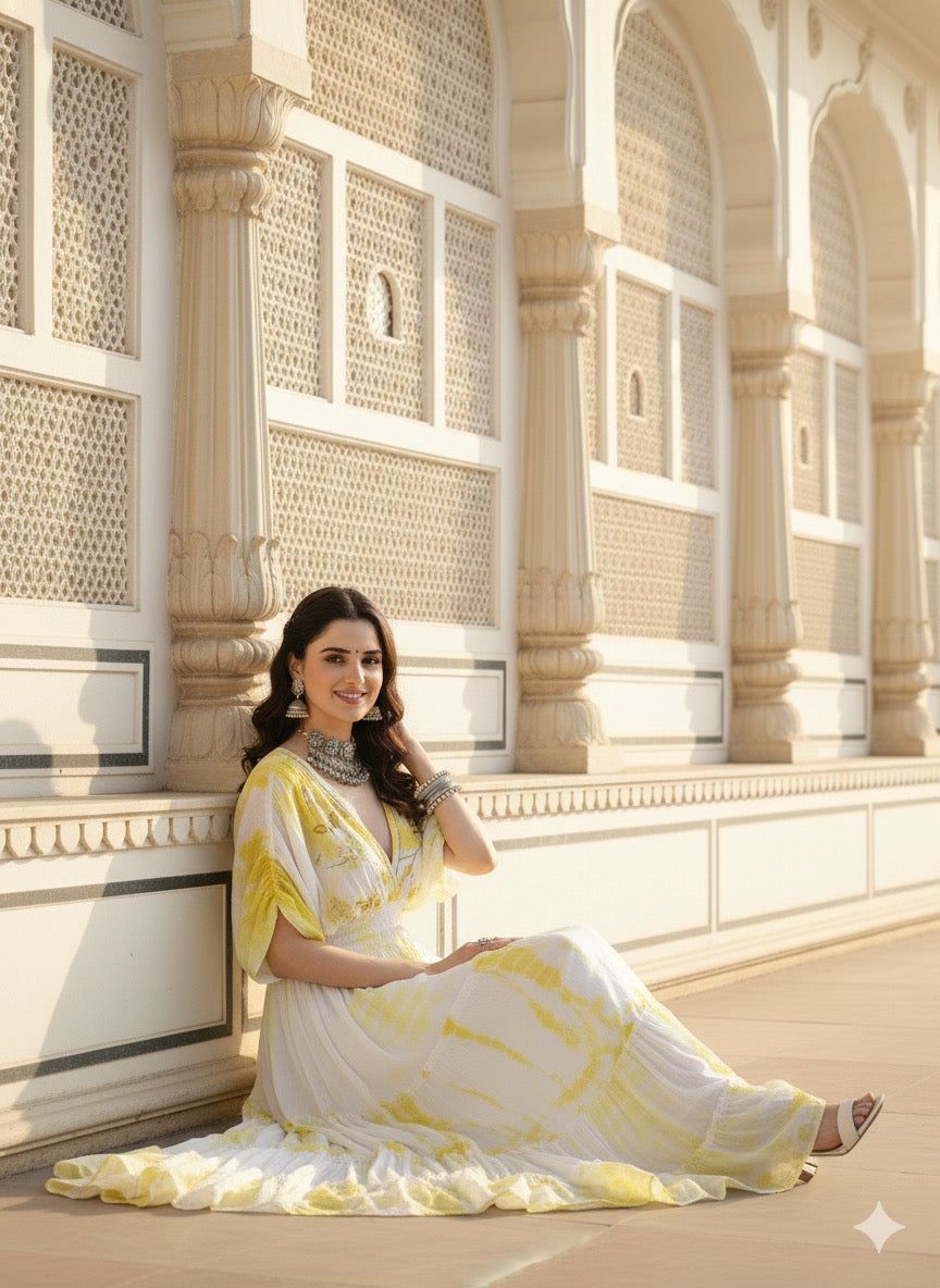 ⭐️Best Seller -Balloon Pattern Embroidery Boho Printed Hand Work Maxi Dress - Lemon Drape