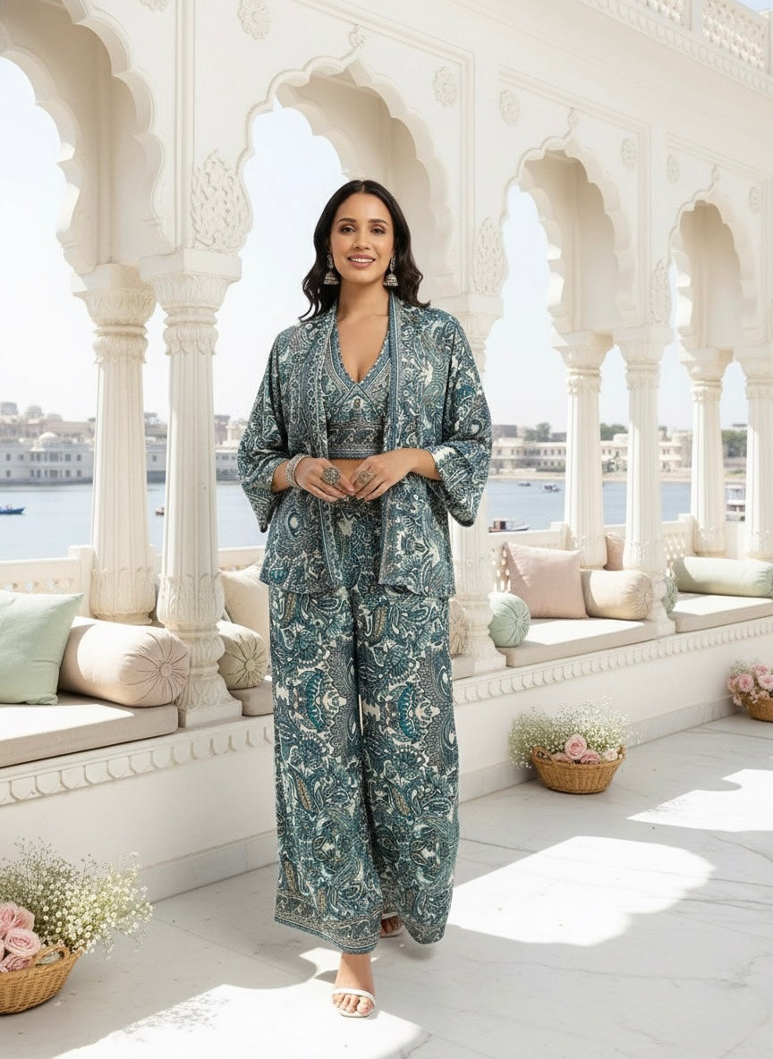 Boho Printed Bell Sleeves Kimono Coordinate Set - Teal Mirage