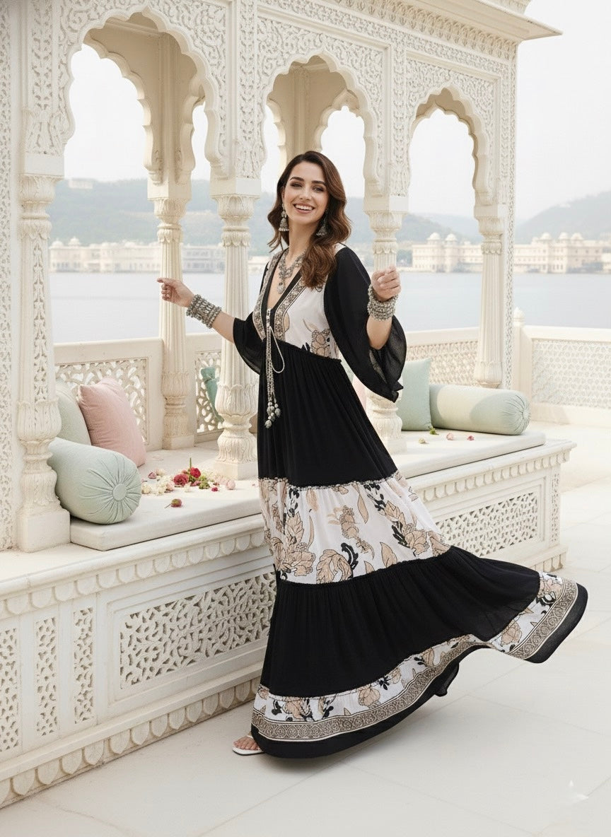 Criss Cross Boho Printed Embroidered Hand Work Butterfly sleeves maxi dress in Dusky Fleur