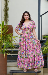 Tie front ruffle hem gold(foil) print featured maxi dress- Candyfloss Smisingbee