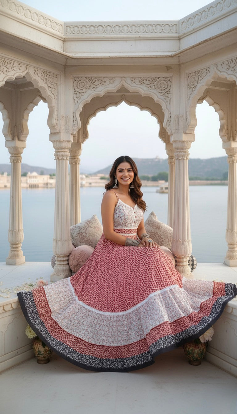 Peachy Petals Lace Featured Cotton Long Dress