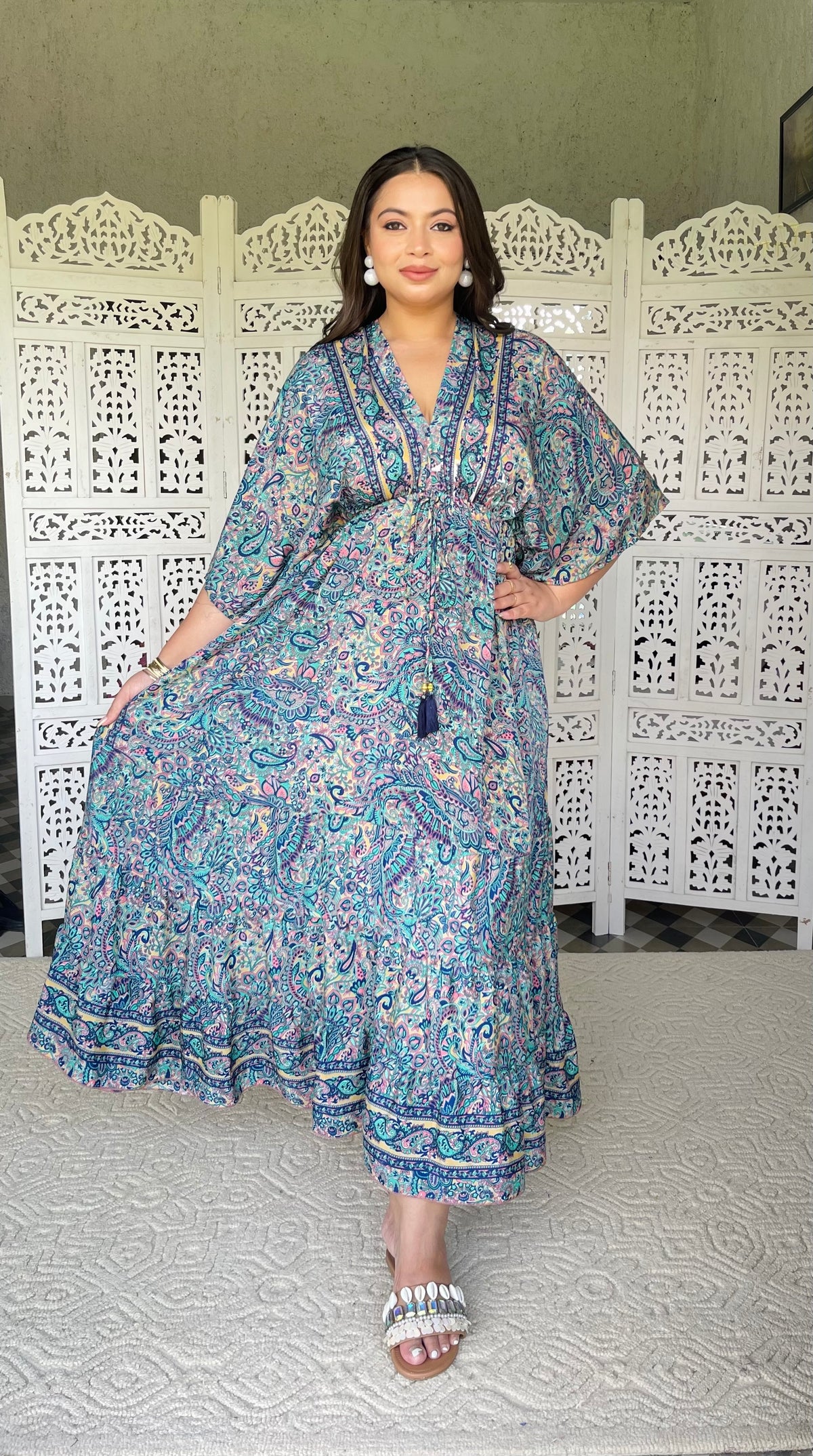 SmisingBee Curve Kaftan Pattern Boho Printed Maxi Dress - Oceanic Elegance