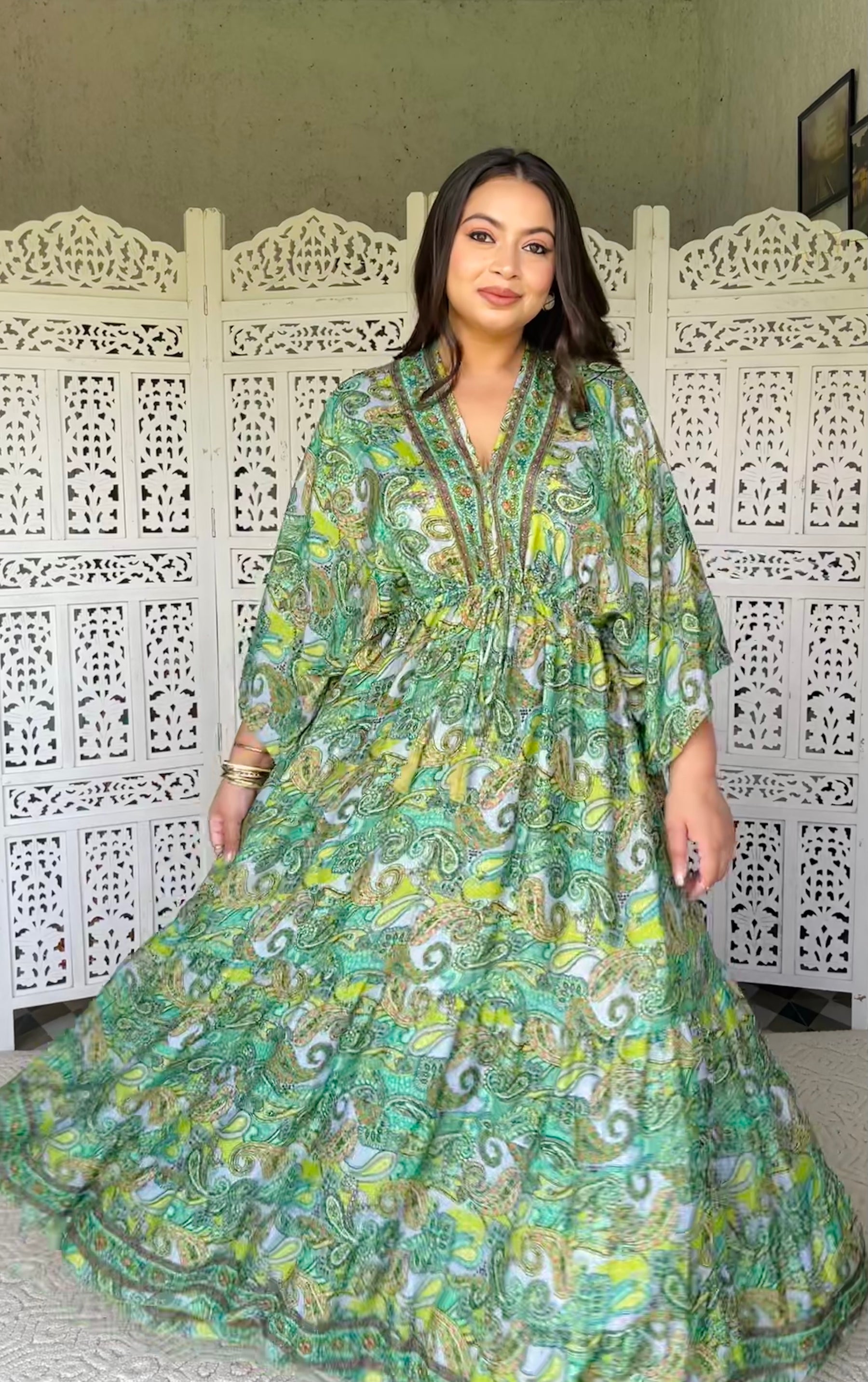 SmisingBee Curve Kaftan Pattern Boho Printed Maxi Dress - Enchanted Forest