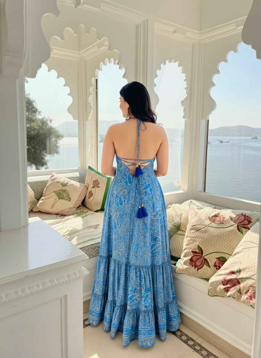 Best Seller- Tie Back Backless Maxi Dress - Turquoise Twilight Best Seller- Tie Back Backless Maxi Dress - Turquoise Twilight