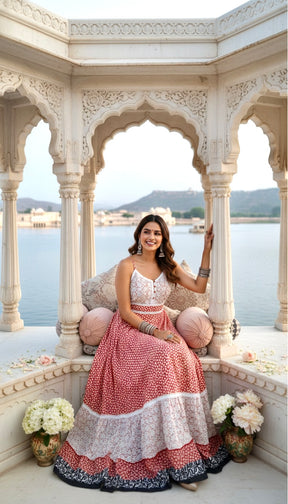 Peachy Petals Lace Featured Cotton Long Dress