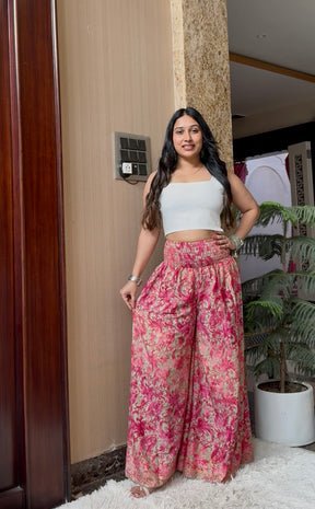 Ruched Belt Boho Printed Trouser - Pink Blush