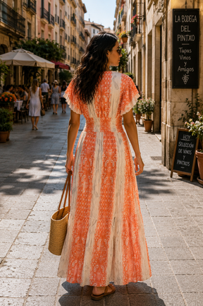 Embroidery Featured Rayon Lurex Boho Printed Maxi Dress in Orange Sunset Sangria
