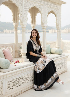 Criss Cross Boho Printed Embroidered Hand Work Butterfly sleeves maxi dress in Dusky Fleur