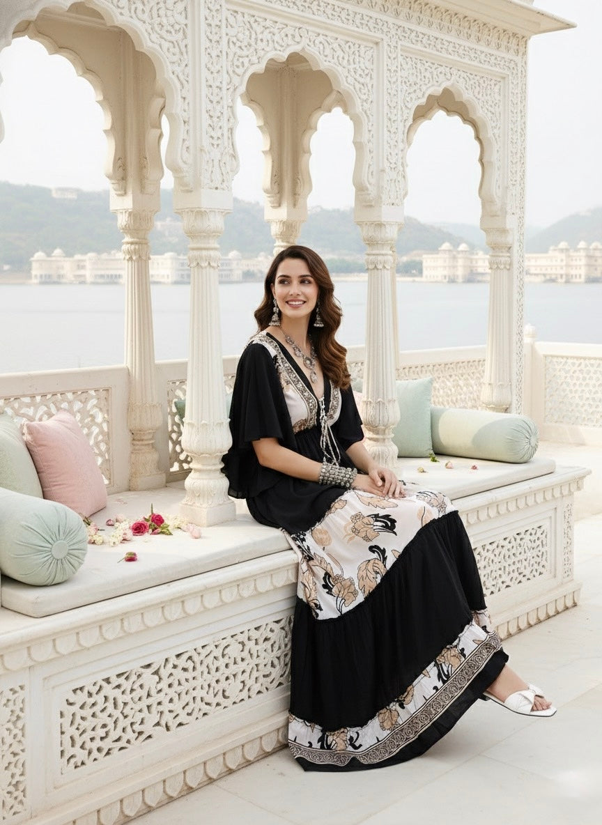 Criss Cross Boho Printed Embroidered Hand Work Butterfly sleeves maxi dress in Dusky Fleur