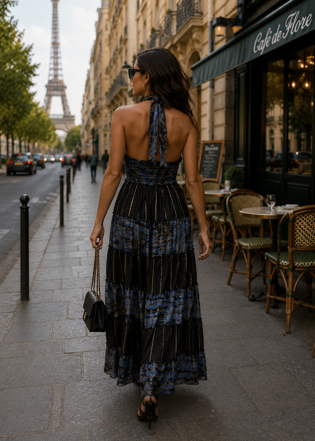 Halter Neck Multi Panel Embroidery Hand Work Boho printed Maxi Dress in Twilight Bloom