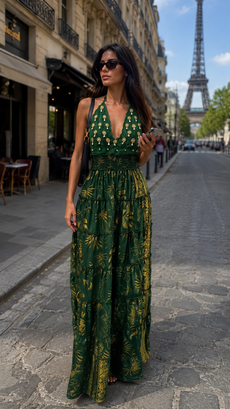 Halter Neck Hand Work Multi Panel Boho printed Maxi Dress In Emerald Reverie