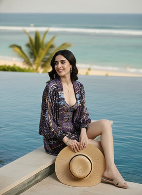 Puff Sleeves Kimono and Shorts Coordinate Set (3 Piece)- Twilight Totem