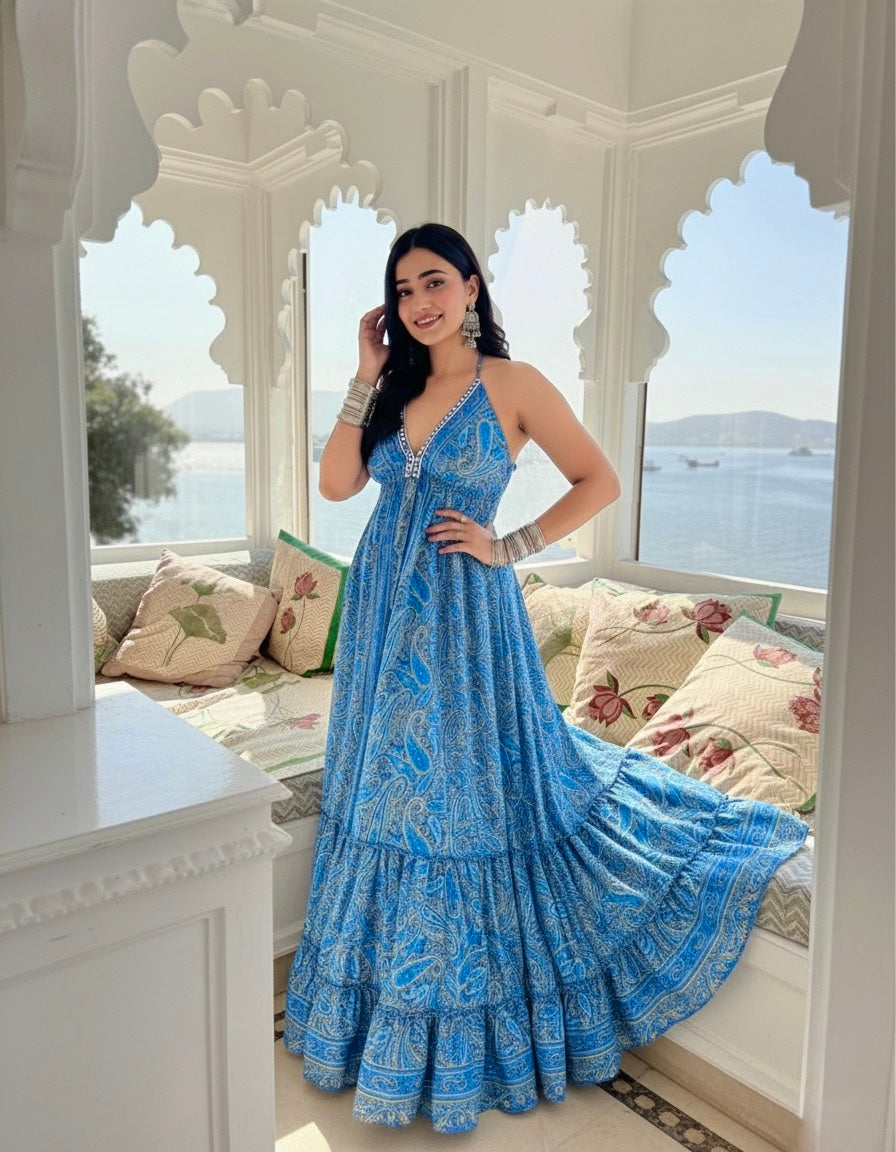 SmisingBee Tie Back Backless Maxi Dress - Turquoise Twilight