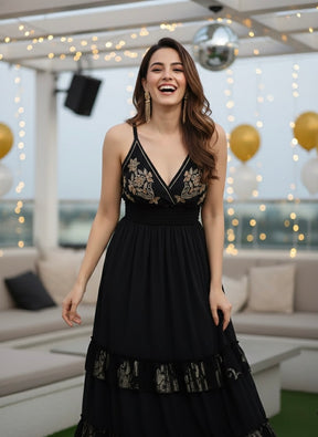 V Neck Embroidery Hand Work Boho Printed Maxi Dress- Noir Luxe