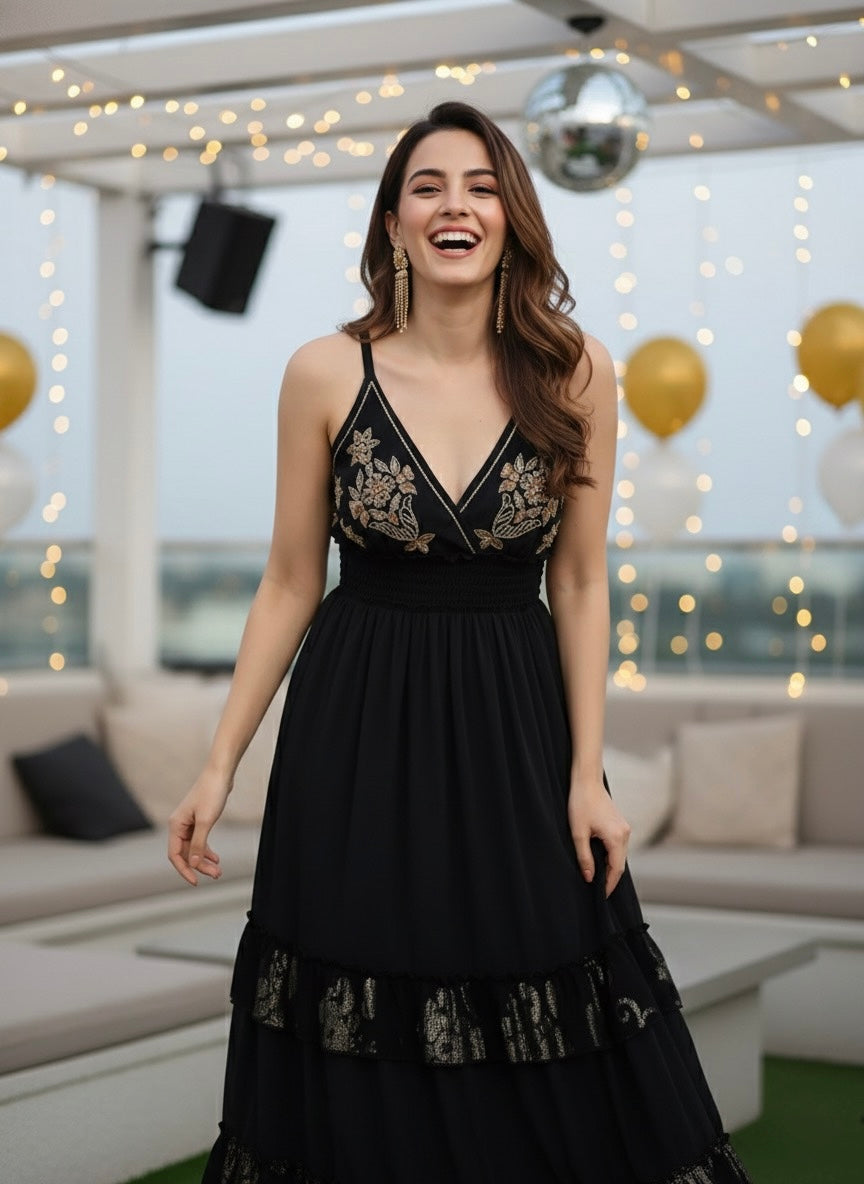 V Neck Embroidery Hand Work Boho Printed Maxi Dress- Noir Luxe