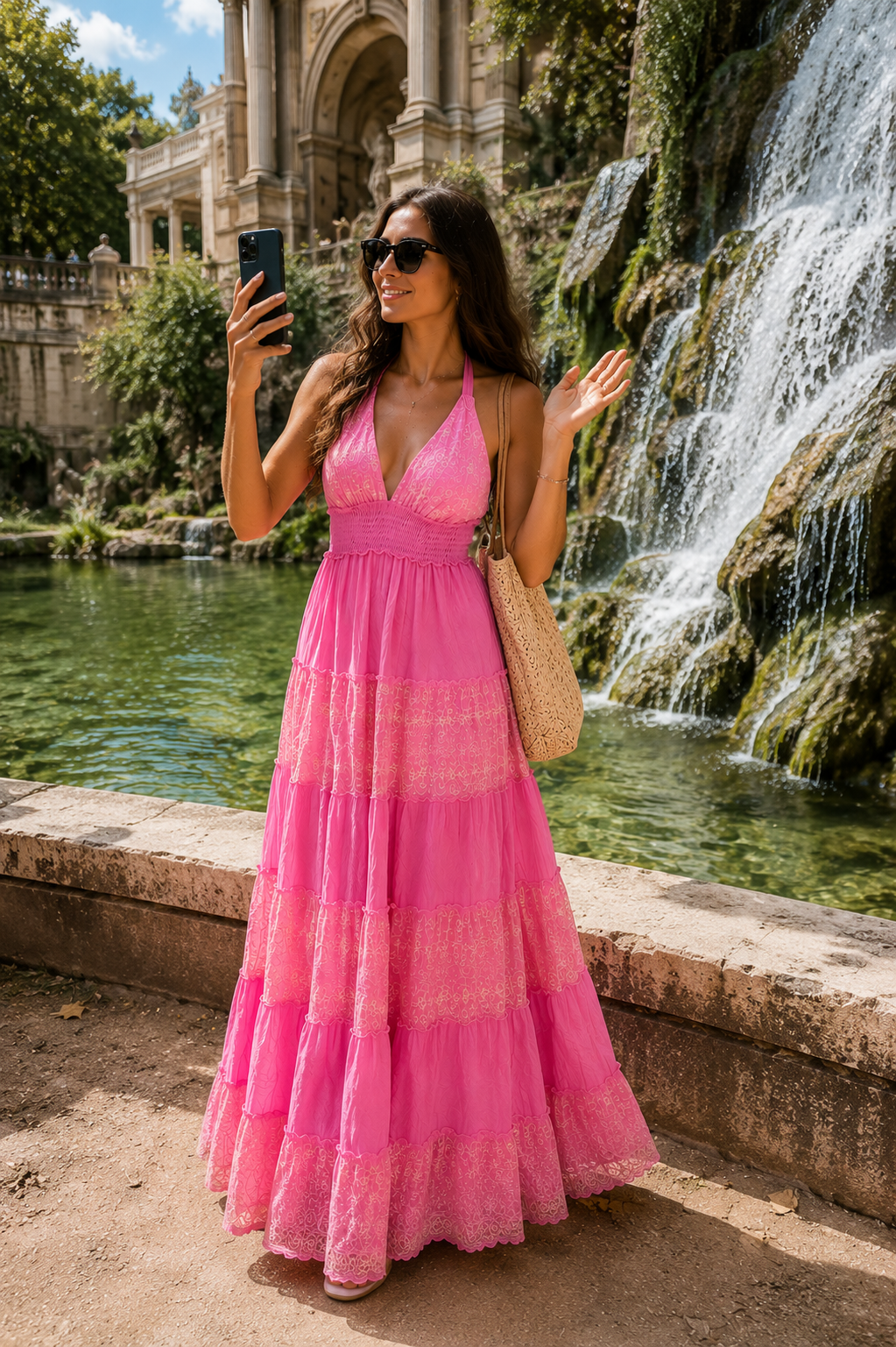 Halter Neck Multi Panel Embroidery Work Boho Maxi Dress in Pink Lumière 🌸