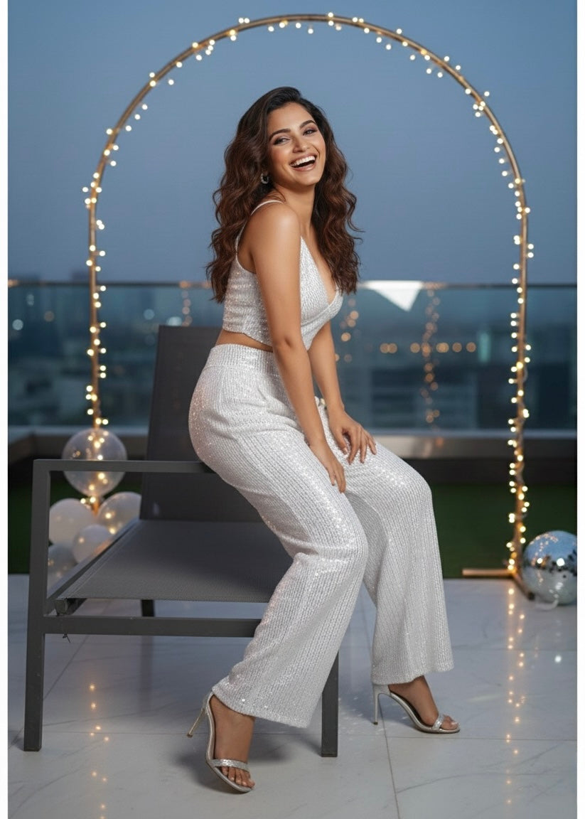 Dazzling Sequin White Pants Co-ord Set