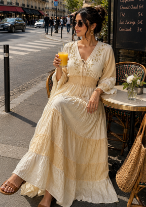 Embroidery Hand Work Bell Sleeves Maxi Dress -     Ivory Serenity