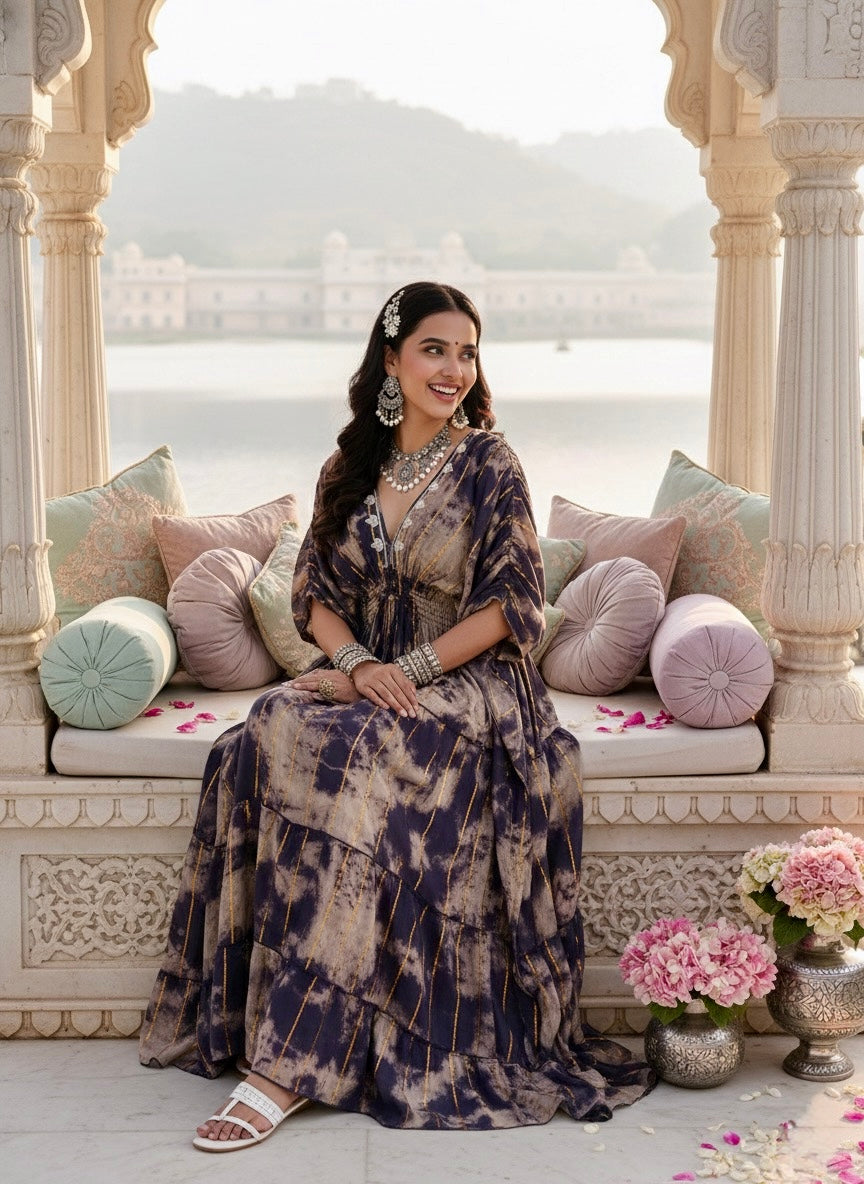 Balloon Pattern Embroidery Boho Printed Hand Work Maxi Dress - Golden Twilight