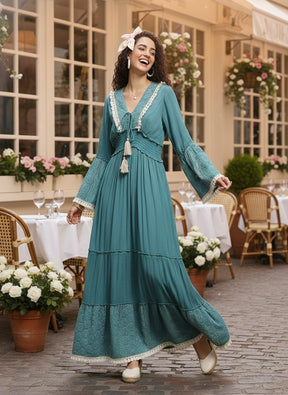 Schiffli Work Bell Sleeves Maxi Dress - Ocean Serenade