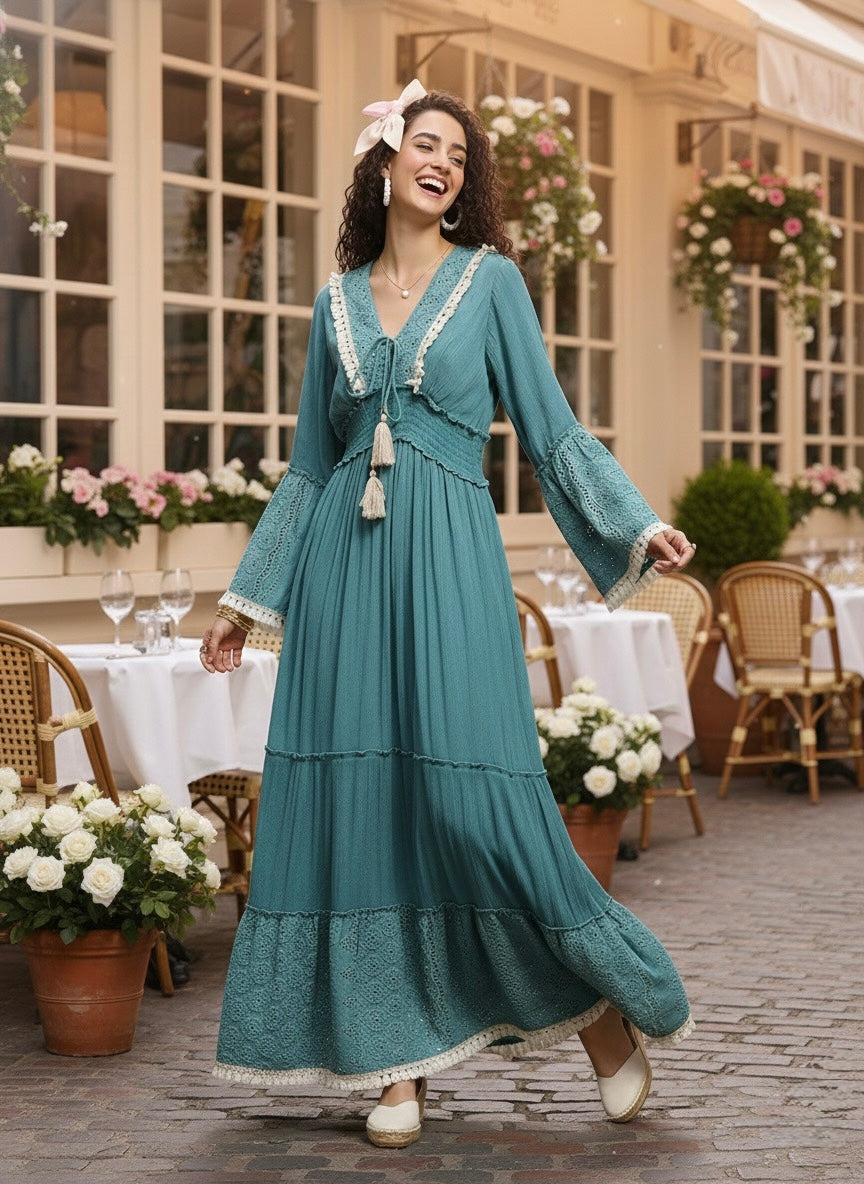 Schiffli Work Bell Sleeves Maxi Dress - Ocean Serenade